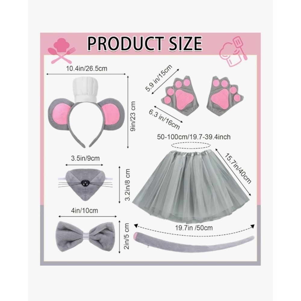 10 Pcs Adult Couple Mouse Chef Costume W/ Accs. Mouse Tutu M & Chef Outfit 3XL - Picture 2 of 7
